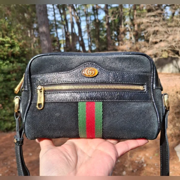 Gucci Black Suede Patent Leather Web Mini Ophidia Shoulder Crossbody Bag